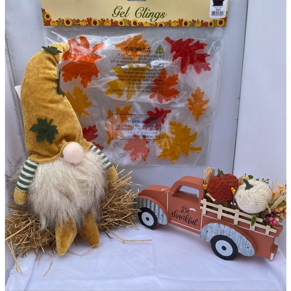 🍁 Fall Harvest Décor 3 Piece Bundle Gnome Plush LED, Be Thankful Truck & Leaf W